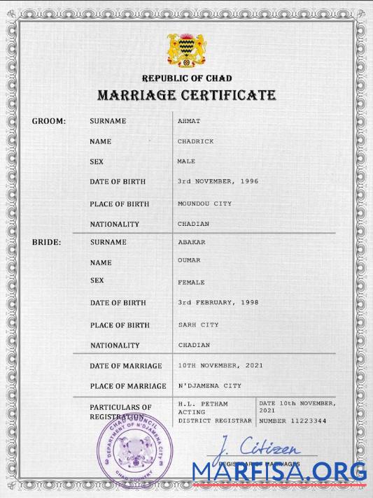 Realistic Chad marriage certificate PSD template